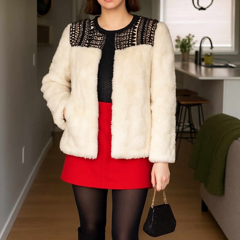 Embellished Faux Fur Statement Chic Cream & Black Teddy‎ Jacket – Size L